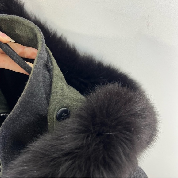 Vtg Italian made grey green wool blend LODEN coat removable fur trim hood EU 38 - Picture 10 of 17